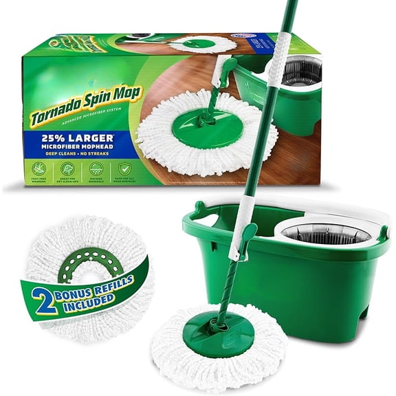 Tornado Spin Mop System with 2 Refill Heads, Microfiber Spinning Mop and Bucket with Wringer Set for Home, Floor Cleaning of Hard-Wood, Laminate, Tile, All Surface Cleaner, 3 Total Mop Heads