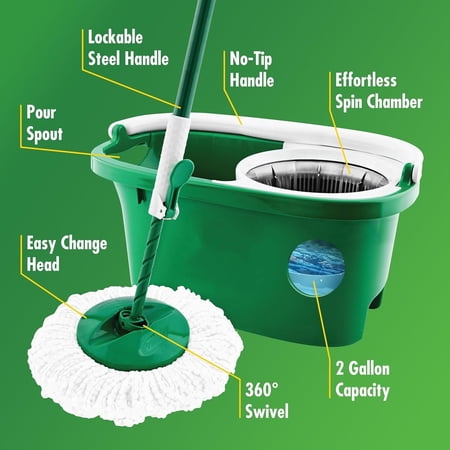 Tornado Spin Mop System, Spinning Floor Mopping and Bucket with Wringer Set for Home, Hardwood, Laminate, Tile Cleaning, Includes 1 Machine Washable Replacement Head Refills (2 Total)