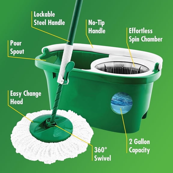 Tornado Spin Mop System, Spinning Floor Mopping and Bucket with Wringer Set for Home, Hardwood, Laminate, Tile Cleaning, Includes 1 Machine Washable Replacement Head Refills (2 Total)