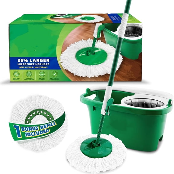 Tornado Spin Mop System, Spinning Floor Mopping and Bucket with Wringer Set for Home, Hardwood, Laminate, Tile Cleaning, Includes 1 Machine Washable Replacement Head Refills (2 Total)