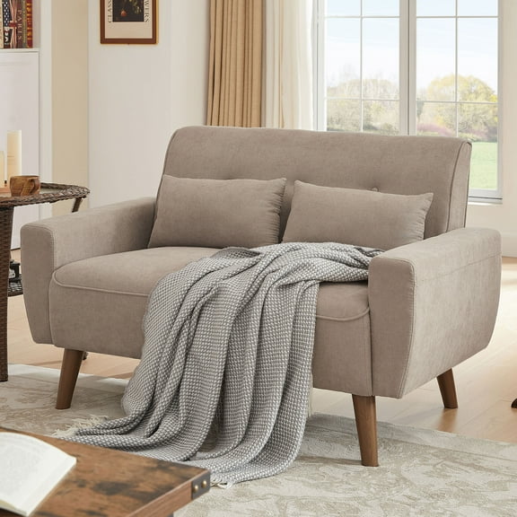 Tornama 47" Small Modern Loveseat Sofa, Mid Century Linen Fabric 2-Seat Sofa Couch Tufted Love Seat with Back Cushions and Tapered Wood Legs for Living Room, Bedroom and Small Space Beige