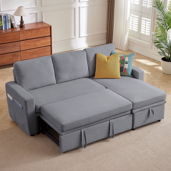 Tornama Sofa Bed, L-Shape Reversible Sleeper Sofa Bed Modern Linen 2 in 1 Pull Out Couch Bed with Storage Chaise for Living Room, Lightgrey