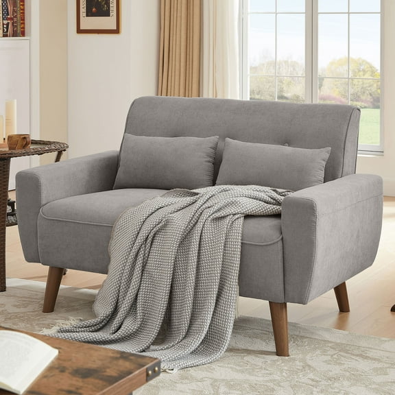 Tornama 47" Small Modern Loveseat Sofa, Mid Century Linen Fabric 2-Seat Sofa Couch Tufted Love Seat with Back Cushions and Tapered Wood Legs for Living Room, Bedroom and Small Space LightGrey
