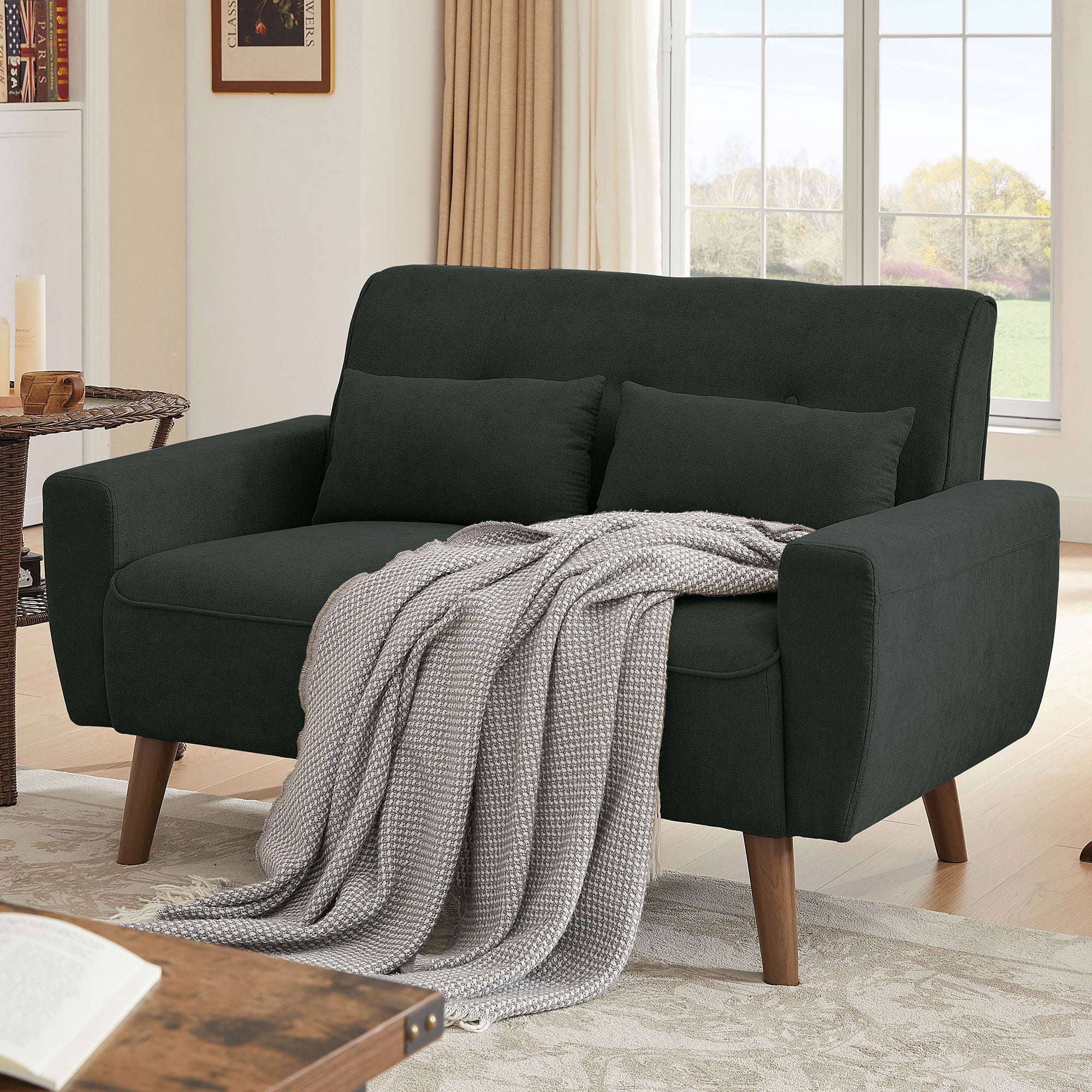 Tornama Mid-Century Modern Classic Linen Fabric Tufted Tapered Wood Legs Loveseat with Back Cushions, Orange