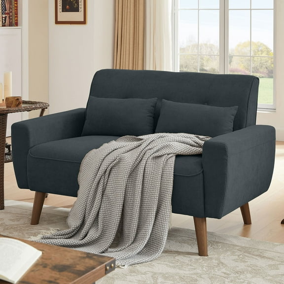 Tornama Mid Century Modern Linen Fabric Tapered Wood Legs Loveseat, Dark Grey