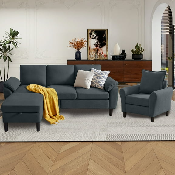 Tornama Modern Linen Convertible L Shaped Sectional Sofa Set, Dark Gray