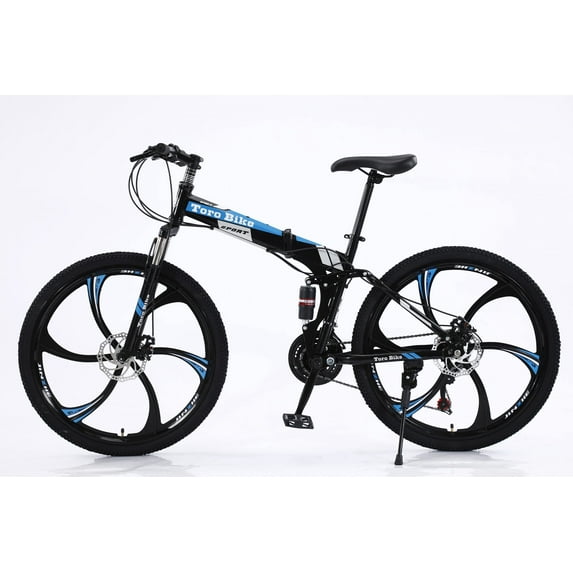 Toro Bikes USA Folding Mountain Bike 6 Spoke 24-Speed, 26-inch Wheel Double Disc Brake with Dual Suspension (Blue)