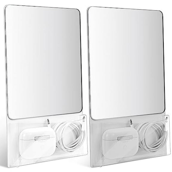 Torolle Magnetic Locker Mirror with Holder, 6.69" x 5.51" Small Real Glass Mirror with Organizer Bag for School Locker Refrigerator Bathroom Office Cabinet -Grey+White