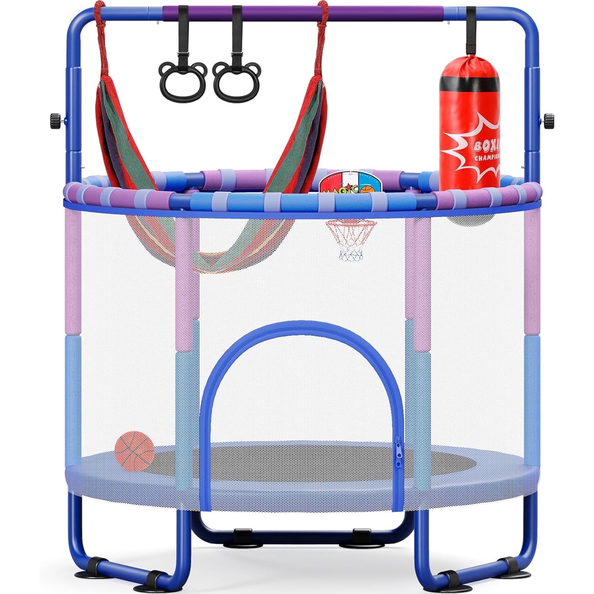 Toremore 55" Trampoline for Kids with Enclosure, 6-in-1 Kid Trampoline Indoor & Outdoor, Toddle Trampoline with Adjustable Gymnastics Bars, Blue