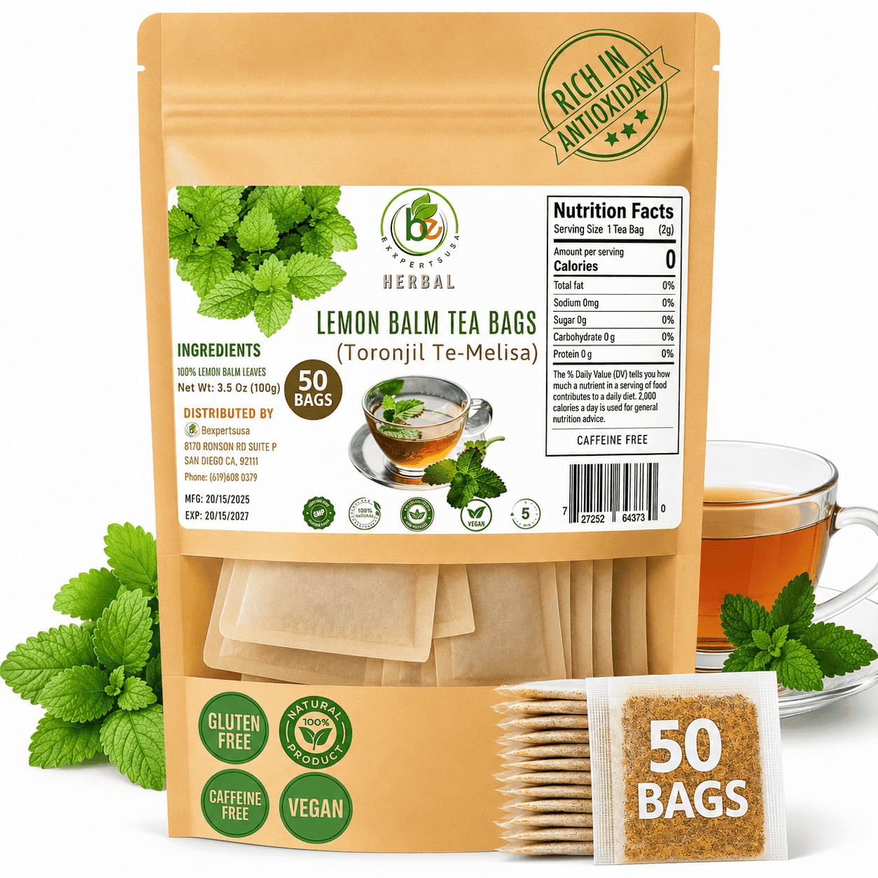 B-EXPERTS, Lemon Balm Herbal Tea, 50 Vacuum-Sealed Bags, 100