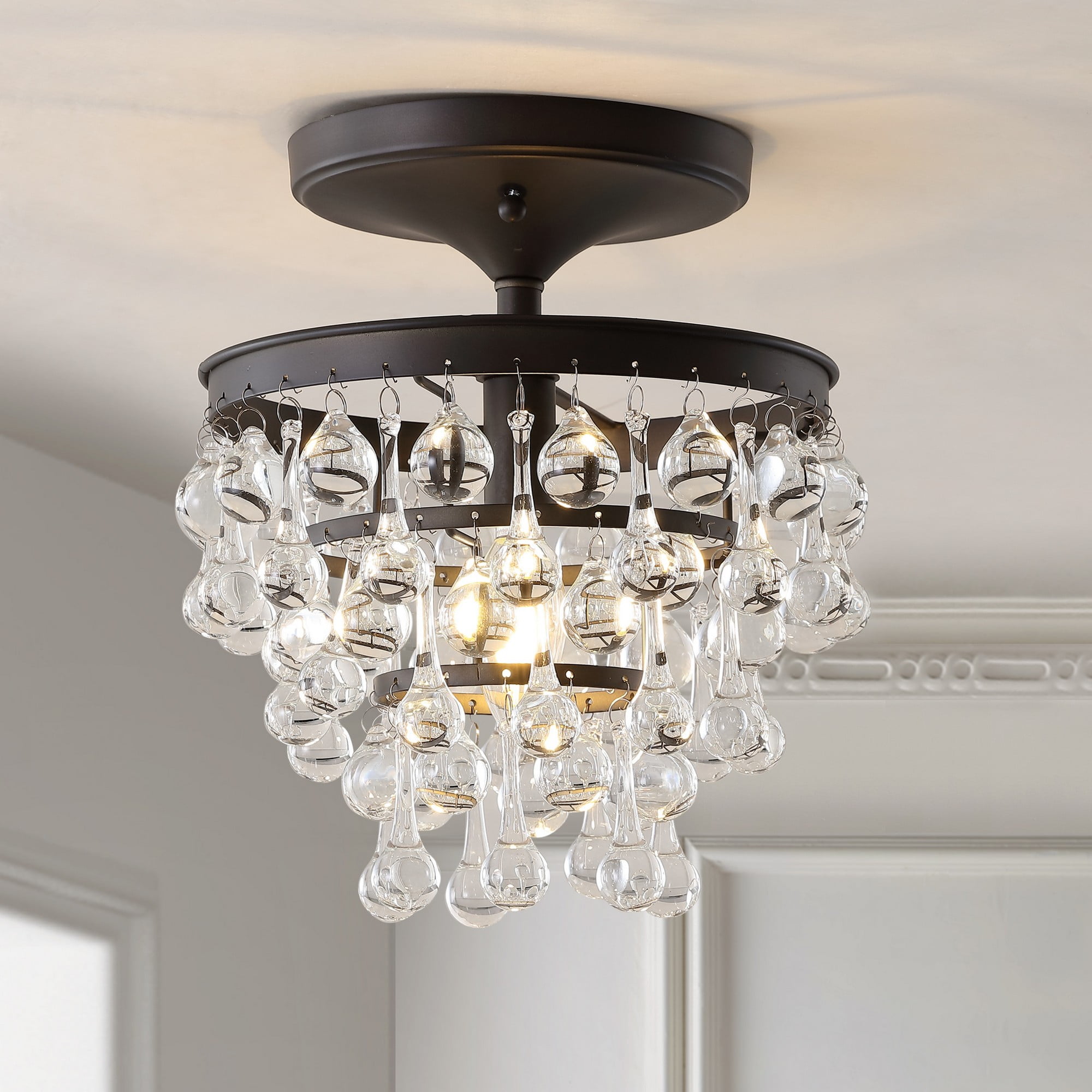 Contemporary Bronze Crystal 10" LED Flush Mount Chandelier