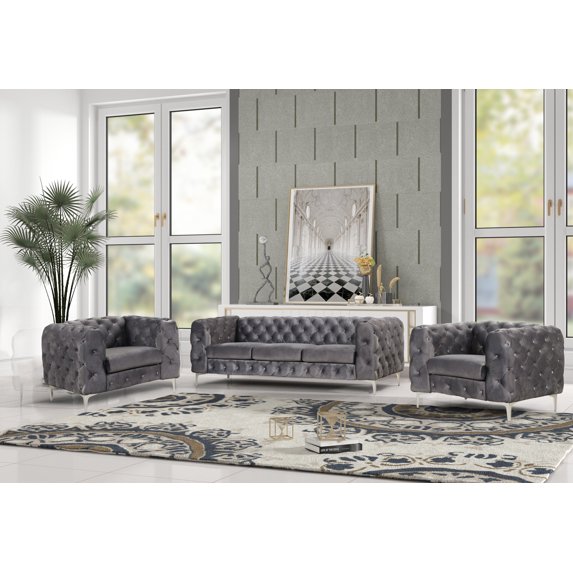 Toronto - 3 Pieces Button Tufted Gray Velvet Fabric Livingroom Set - 1 Sofa and 2 Armchairs
