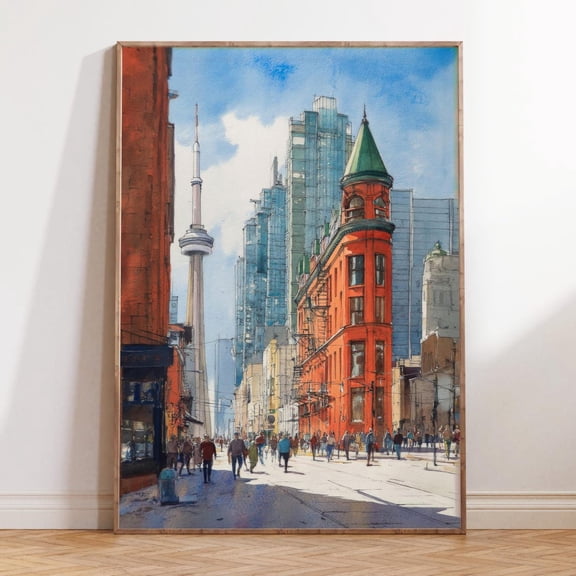 Toronto Canada CN Tower Skyline Urban Street Scene Print, Unframed Canvas Size 8x12