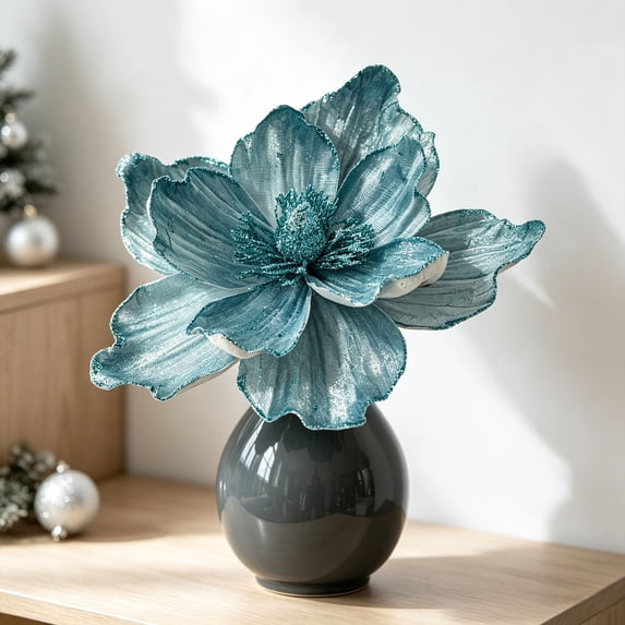 Torqee Artificial Poinsettia Flowers,Christmas Fake Floral Stems with Velvet Petals,Red Berry Winter Holiday Wedding Home Decor,Blue,12.6x8.7in