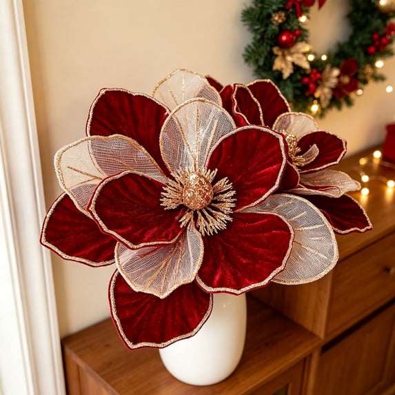Torqee Artificial Poinsettia Flowers,Christmas Fake Floral Stems with Velvet Petals,Red Berry Winter Holiday Wedding Home Decor,Burgundy,8.7x8.7in