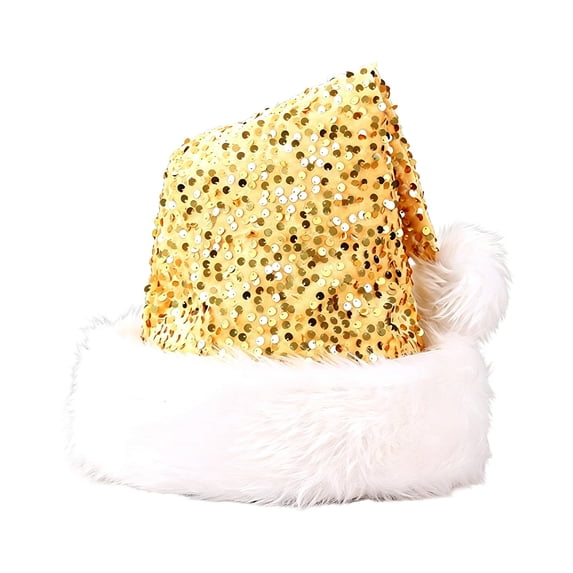 Torqee Sequin Christmas Santa Hat,Gold Sparkly Holiday Party Hat with White Plush Trim and Pom Pom,Xmas New Year Celebration Accessory for Adults,32x45cm