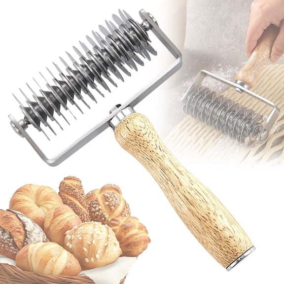Torqee Stainless Steel Pastry Lattice Roller Cutter with Wooden Handle,Dough Docker Pie Crust Lattice Tool for Baking Bread Pizza Cookies,Metal Baking Gadget with Grip,Natural Wood