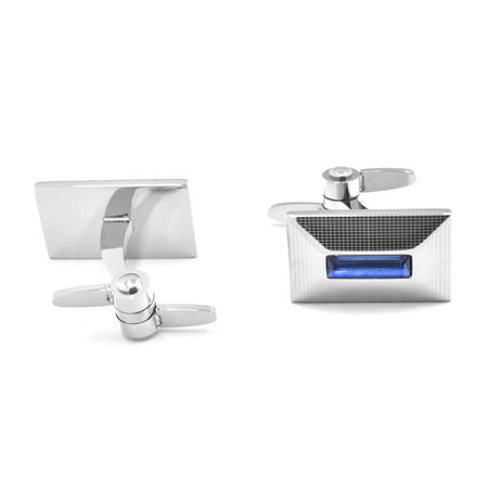Torqtier Double Swivel Arms Cuff Links for Men with Blue Crystal Stainless Steel Silver Finish