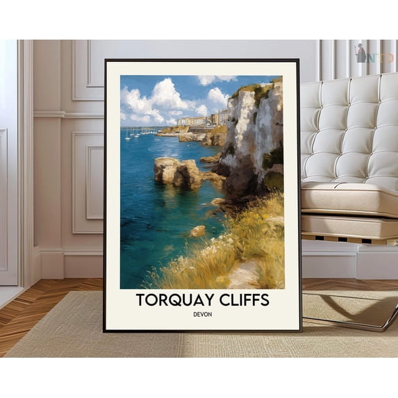 Torquay Cliffs England Coastal Landscape Wall Art Photo Print, Unframed Canvas 16x20in