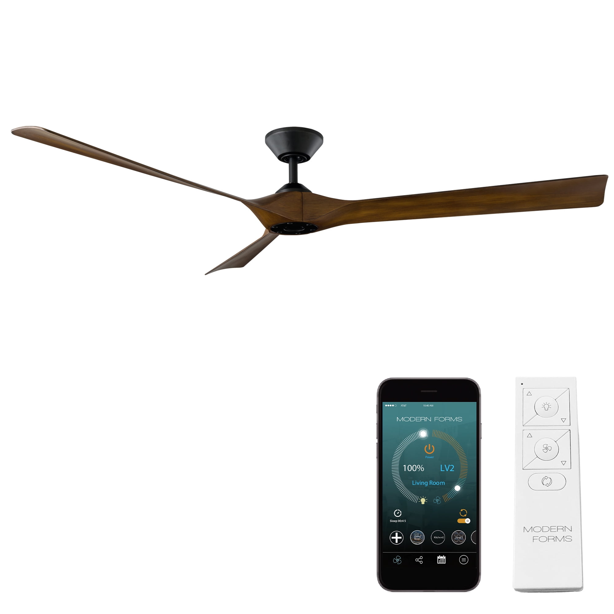 Torque Indoor and Outdoor 3-Blade 70in Smart Ceiling Fan in Matte Black Distressed Koa with Remote Control