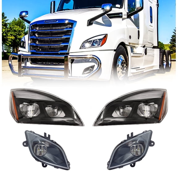 Torque PAIR Black LED Headlight & Fog Lights Set Replacement for 2018+ Freightliner Cascadia semi Trucks [Included All Bulbs] DOT SAE Approved Left Right Side 2018 2019 2020 2021 2022 (TR603, TR437)