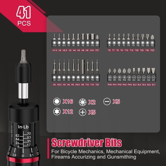 Torque Screwdriver Wrench Driver Set, 41 Pcs 8-70 Inch Pound Torque Screwdriver Set, 1/4" Small Torque Wrench Screwdriver for Bike, Scope Mounting & Device Assembly