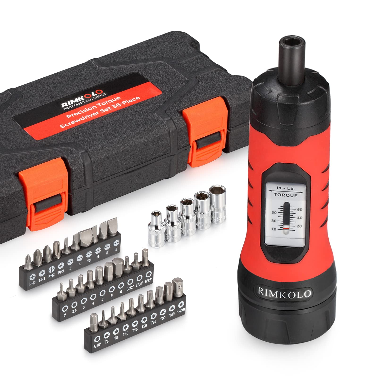 Torque Screwdriver Wrench Set (10-65 In.lb ±1) with 29 S2 Alloy Bits & 5 Drive Sockets | 1/4" Socket Adapter for Tools, Bike Repair, Mounting | Includes Portable Case