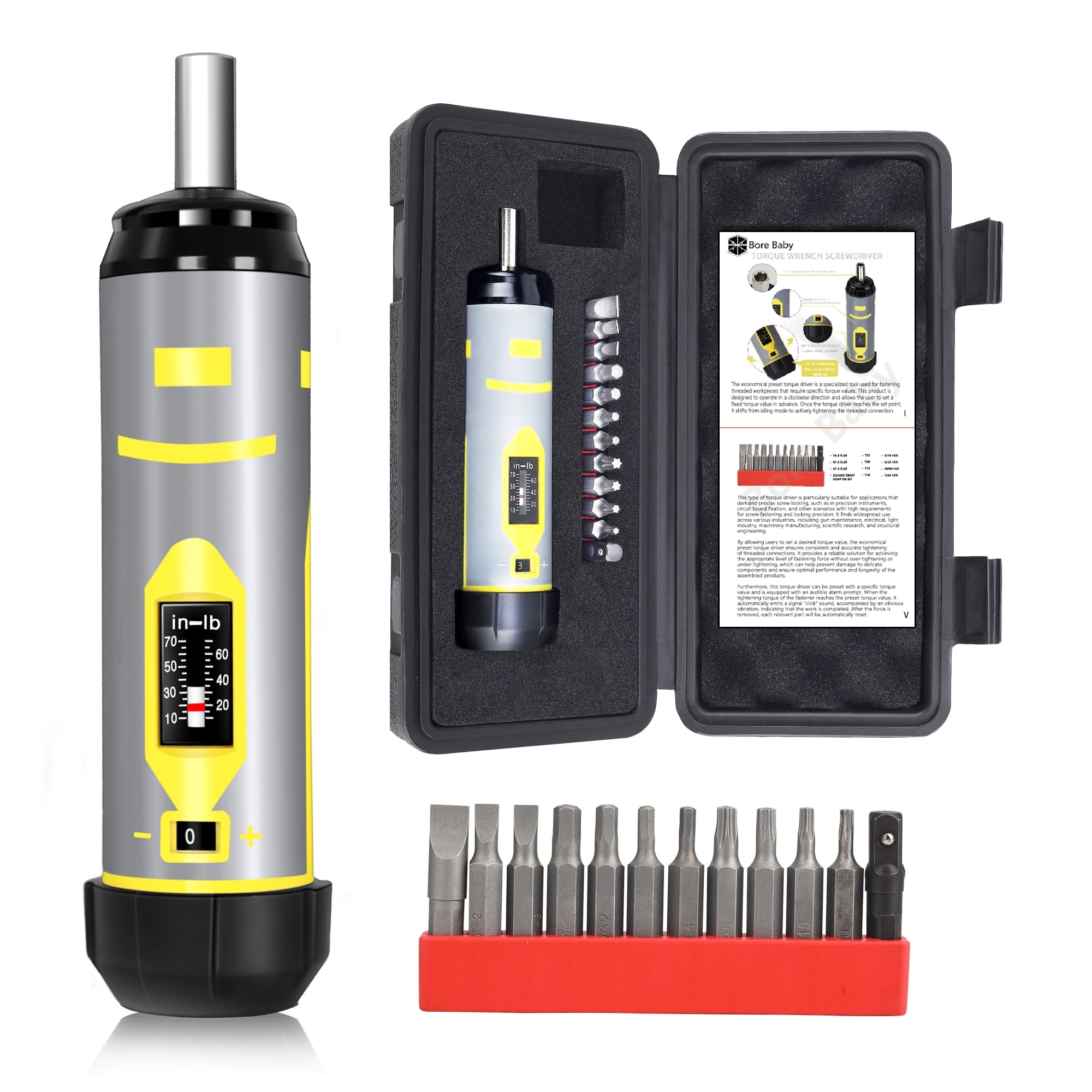 Torque Screwdriver Set 10-70 in-lb – Adjustable Torque Driver with 12 S2 Bits, Click-Type Inch Pound Torque Wrench for Precision Electronics, Scope Mounting, Equipment Repair