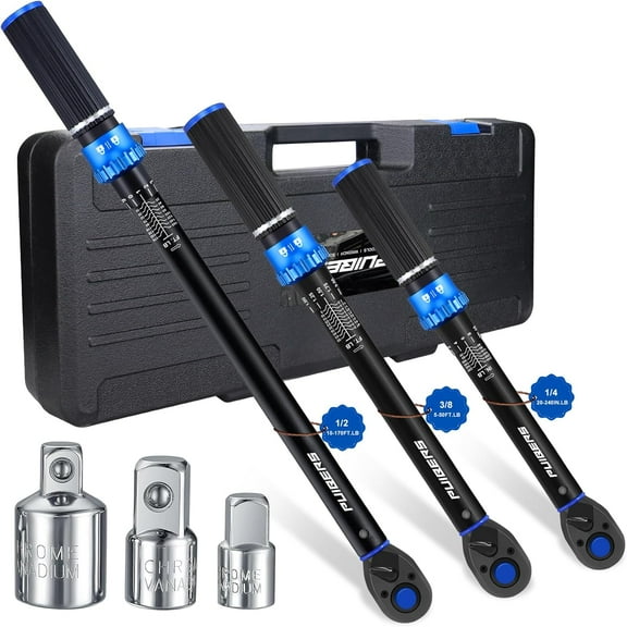 Torque Wrench Set 1/2 3/8 1/4 inch Drive Click, 3Pcs Torque Wrench 10-170 FT.LB,5-50FT.LB,20-240IN.LB, Inch pound Torque Wrench with 3 Pcs Adapter for Bike,Car, Truck,Tractor