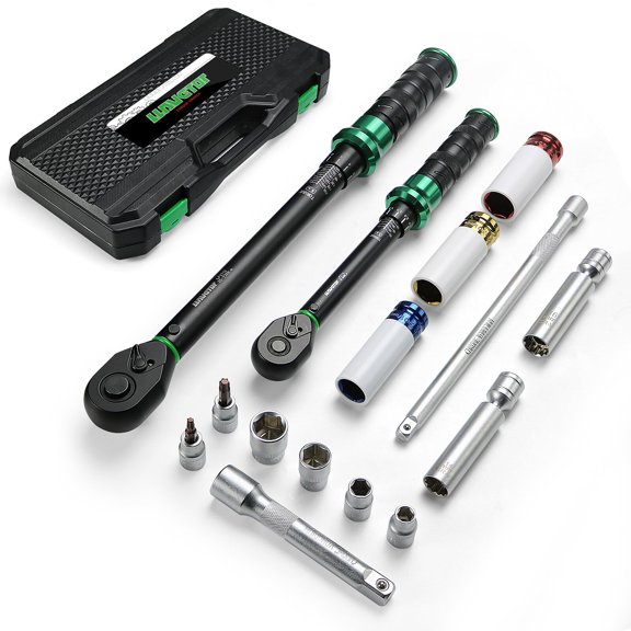 Torque Wrench Set 5-45ft lb(3/8),15-165Ft.lb, with 15PCS Hex Sockets, Spark Plug, Extensions for Automotive, Motorcycle, Industrial Maintenance