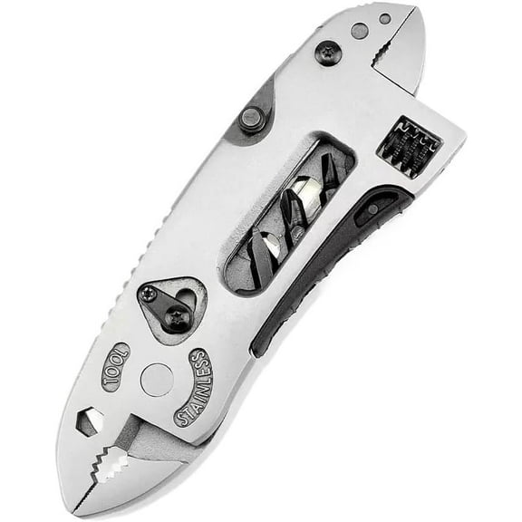 Outdoor Multi-Purpose Tool Pliers Stainless Steel with Adjustable Wrench Wire Cutter Screwdriver for Travel Camping Fishing DIY, Silver