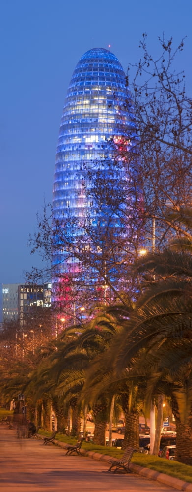 Torre Agbar at dusk Avinguda Diagonal Barcelona Catalonia Spain Canvas Art - Panoramic Images (36 x 12)