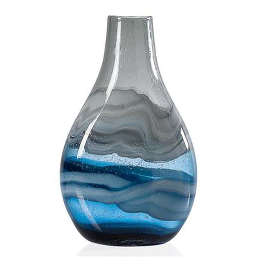 Andrea Coastal Blue Glass Vase with White Swirls 14.25"H
