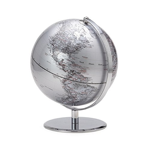 Silver 9.5" World Globe with Chrome Metal Stand