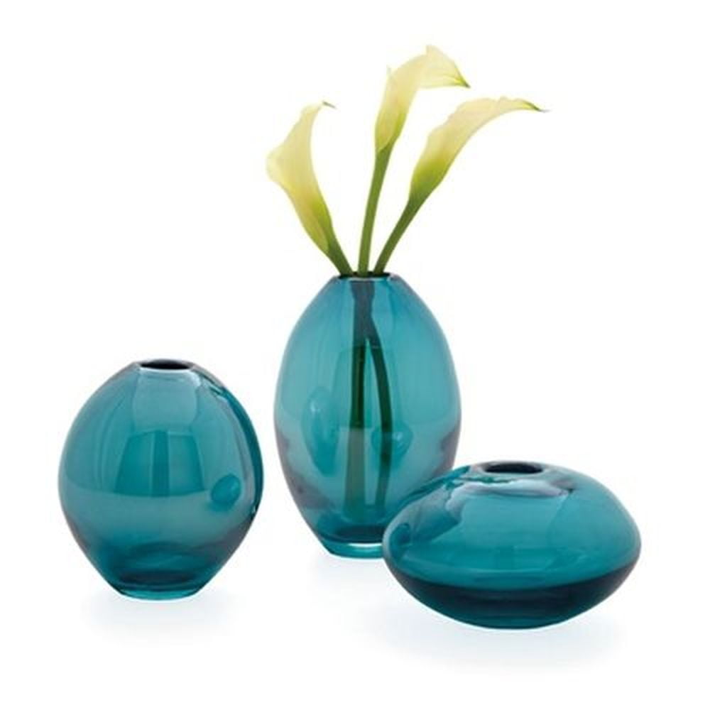 Teal Hand Blown Glass Bud Vases Set of 3