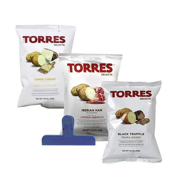 Torres Premium Potato Chips FREE WORLD BAG CLIP 1 Manchego Chips (50g/1.76oz) 1 Black Truffle Chips (40g/1.41oz) 1 Iberico Ham Chips (50g/1.76oz) Handcrafted Patatas Fritas 3 Pack