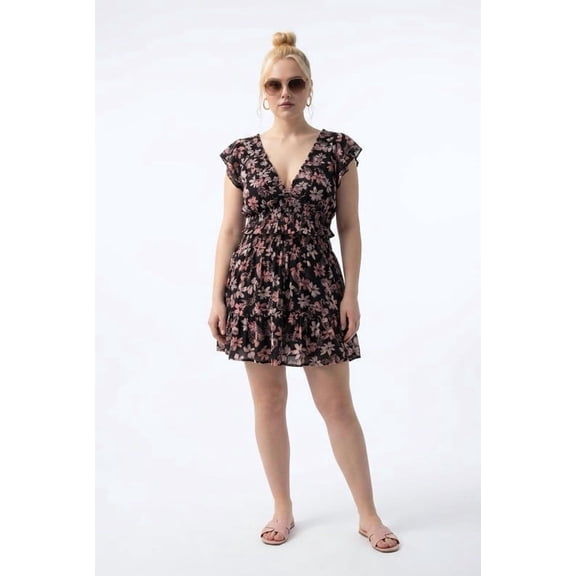 Torrid Women's Black Floral Smocked Mini Dress with Flutter Sleeves
