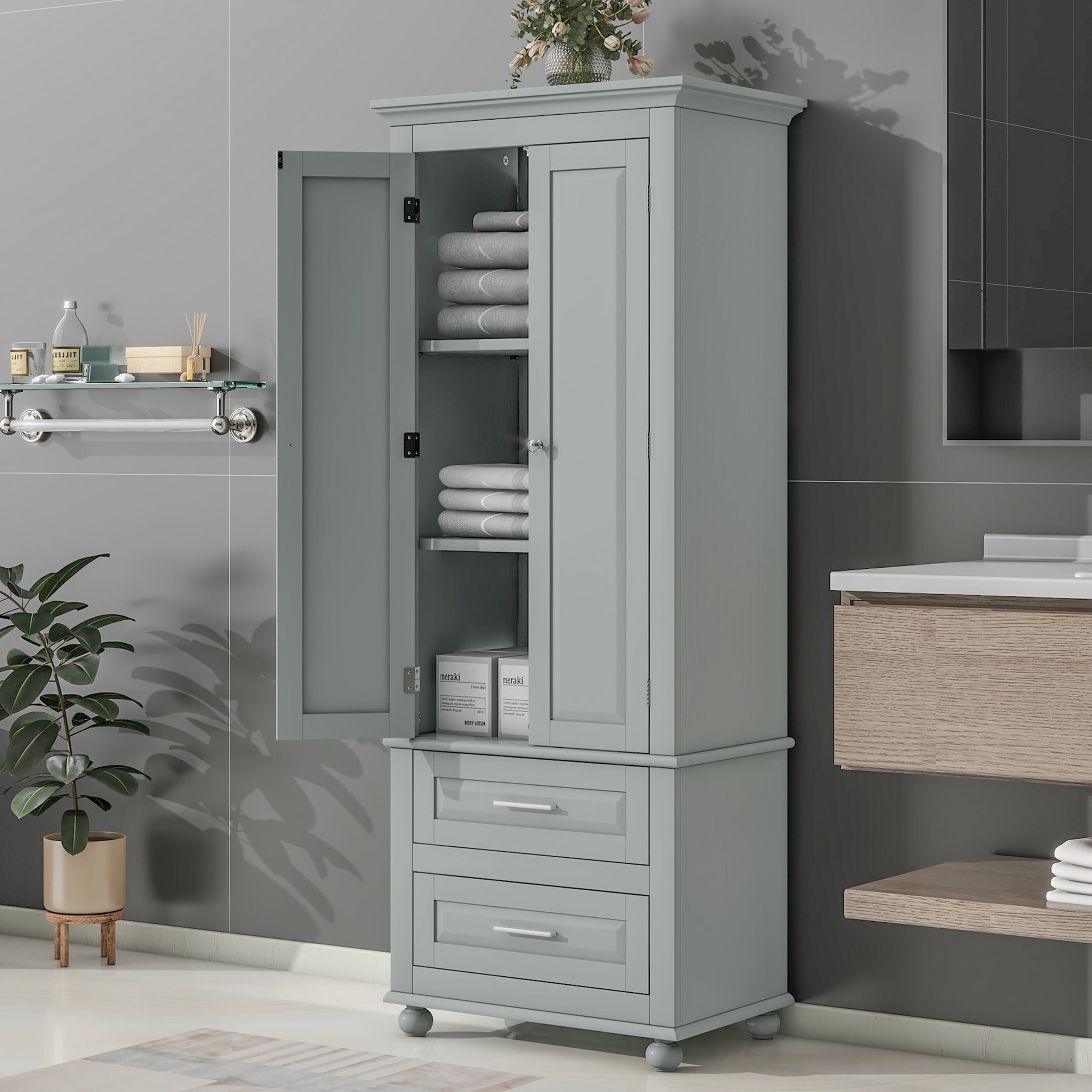 Torsi Modern Double Door Storage Cabinet with Drawers and Adjustable Shelves, Grey
