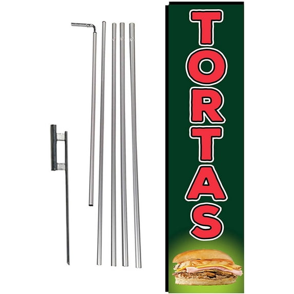 Tortas Mexican Food Rectangle Feather Banner Flag with Pole Kit and Ground Spike for Restaurants, Markets, Business Owners