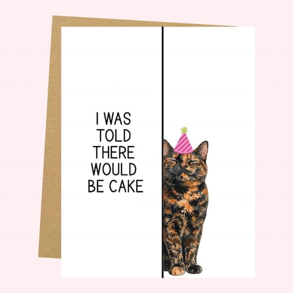 Tortie Cat Birthday Card, Funny Animal Party Hat Greeting Card, I Was Told There Would Be Cake, Blank Note Card for Cat Lovers, Birthday Celebration
