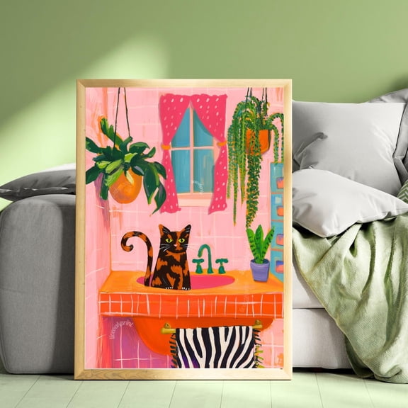 Tortie Cat In A Sink Wall Art Print, Tortoiseshell Art For Half Bath Ideas Polka Dots, Bathroom And Powder Room Decor