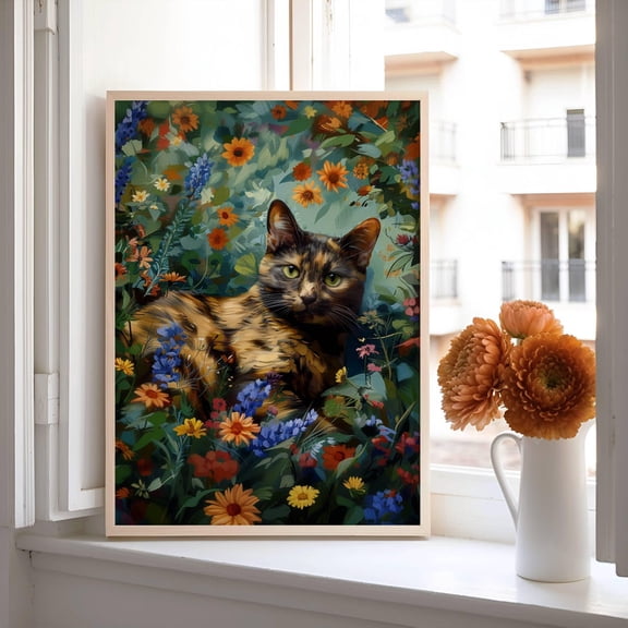 Tortie Cat In Wildflowers Poster, Tortoiseshell Cat Wall Art, Whimsical Floral Cat Print, Cottagecore Home Decor,, Unframed Poster Size 8x12