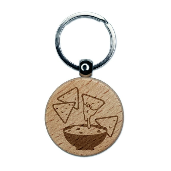 Tortilla Chips and Dip Salsa Cheese Guacamole Round Keychain Charm Tag - Engraved Wood