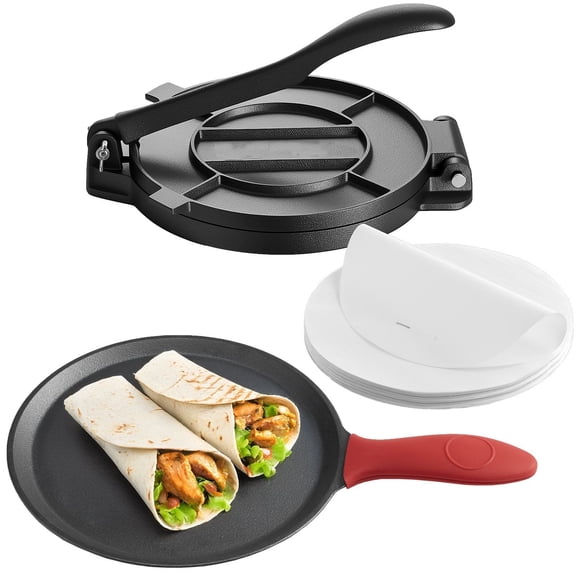 Tortilla Press 8 Inch Cast Iron - Roti & Taco Maker with Handle & Parchment Paper