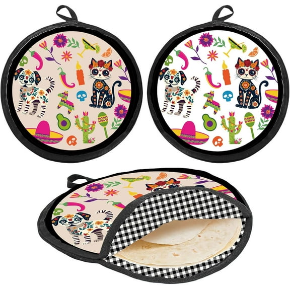 Tortilla Warmer Pouch 12 Inch Insulated Cloth Pouch for Pancake Taco Tortilla Server Bag Cat Microwaveable Fabric Tortilla Holder Pouch Food Warmer Holder for Keeping Breads Soft Polyester