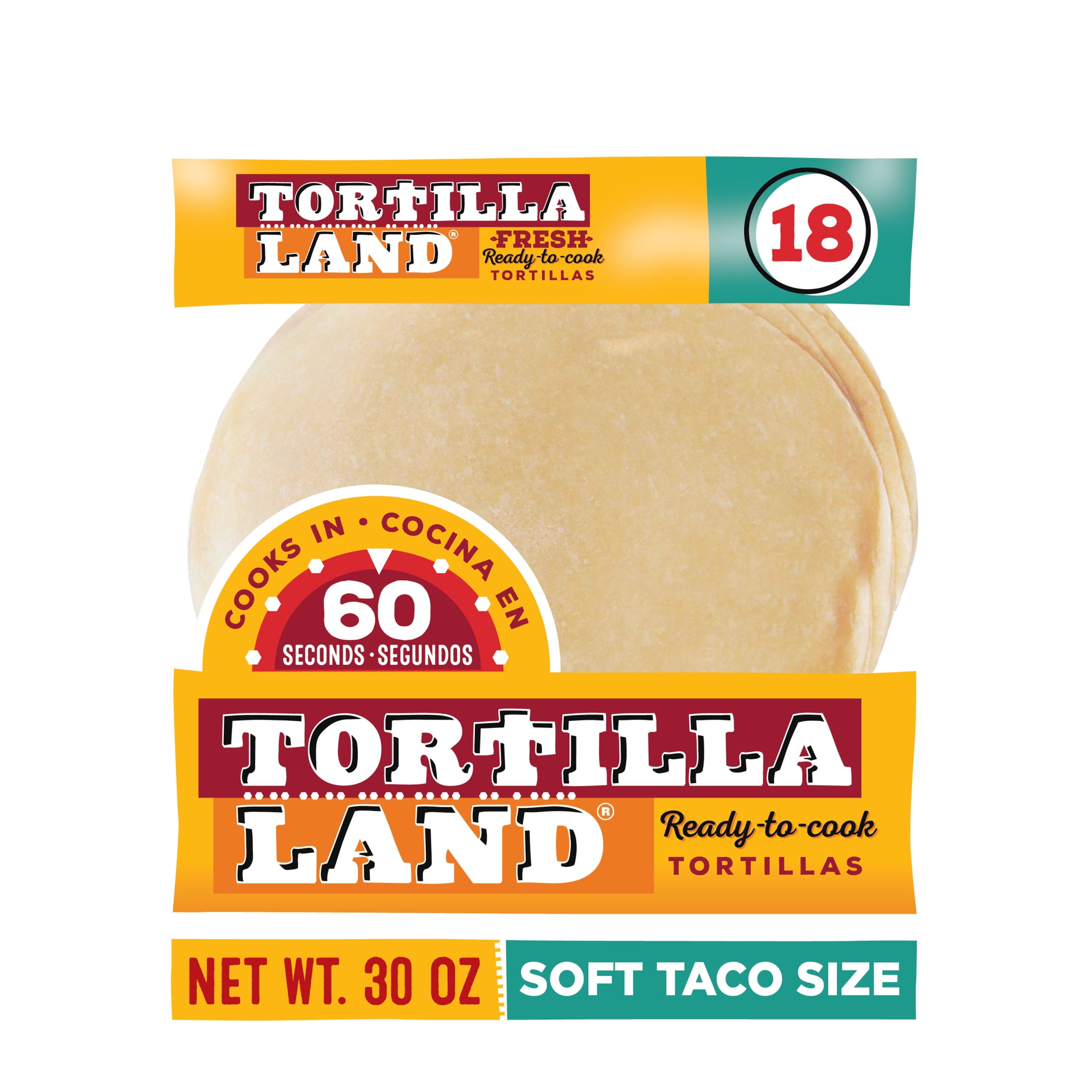 TortillaLand Ready to Cook Soft Taco Size Flour Tortillas, 30 oz, 18