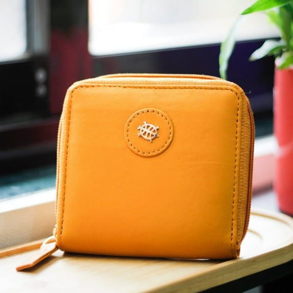 Tortoise -100% Genuine Leather Zip Around Wallet Mustard Yellow (Olivia)