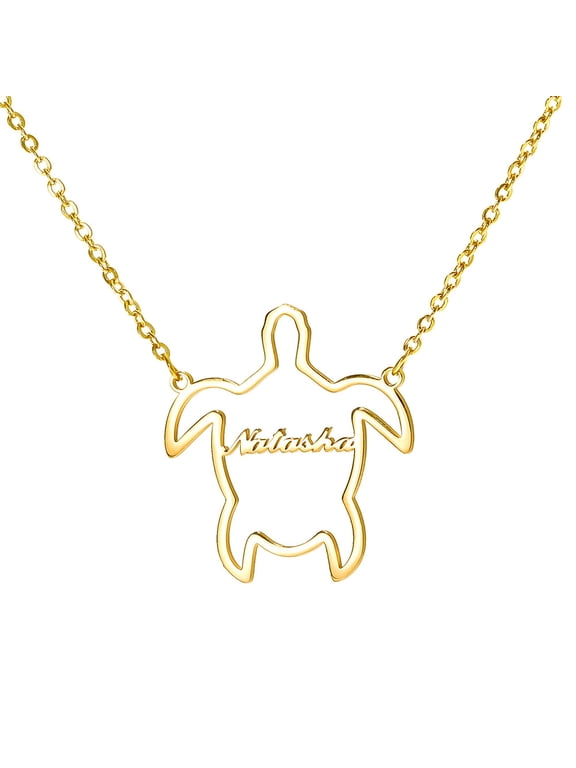Tortoise Custom Name Necklace, Gold Plated Stainless Steel Personalized Nameplate Pendant Necklaces, Cross Chain, 6 Chain Length Options