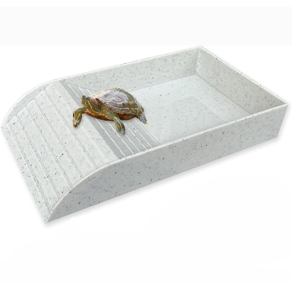 Tortoise Feeding Dish with Ramp and Basking-Platform, Reptile Water Food Bowl for Amphibians Habitat with Cleaning Clip