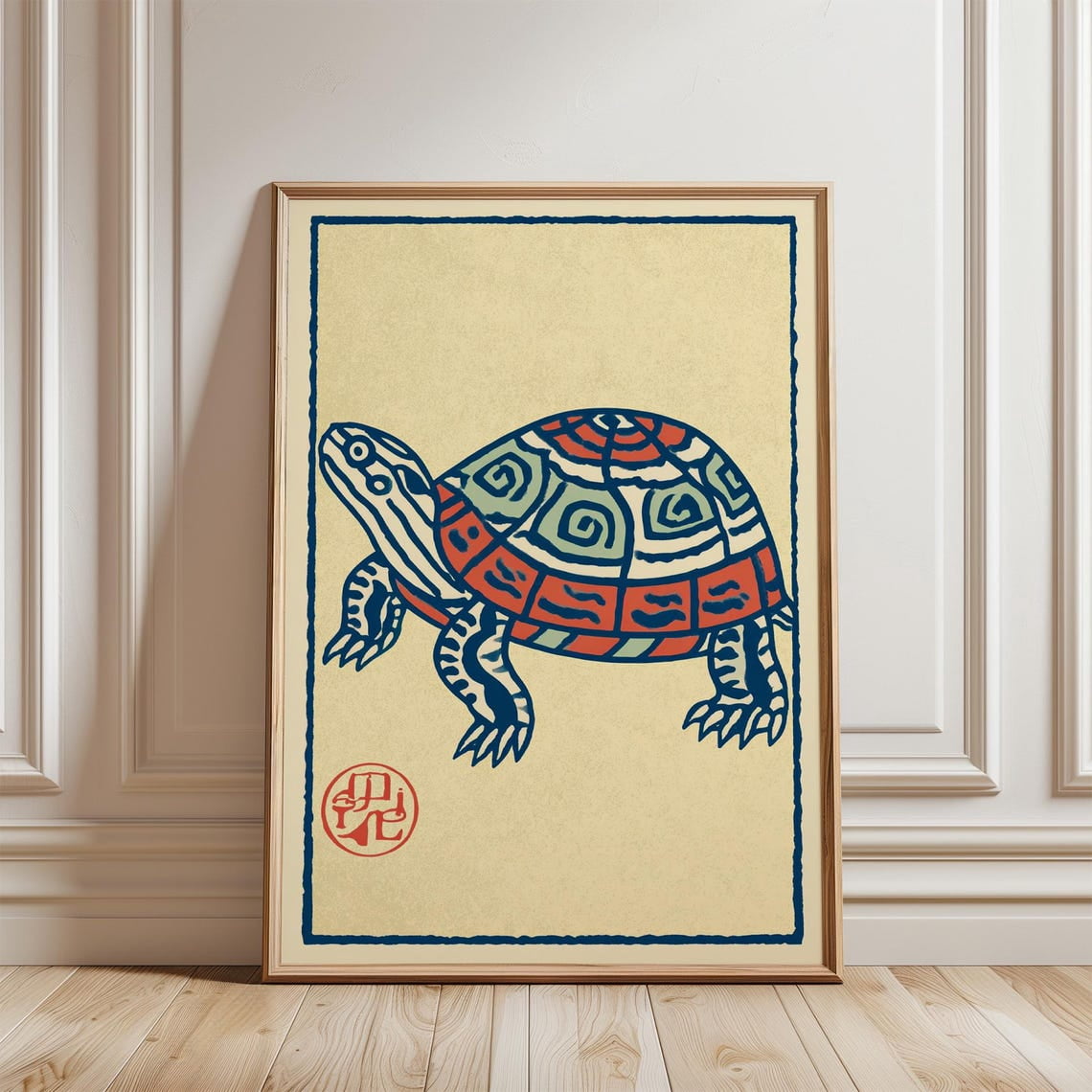 Tortoise Border Tortoise Folk Art Blue Red Beige Border Poster, Unframed Canvas 12x16in ...